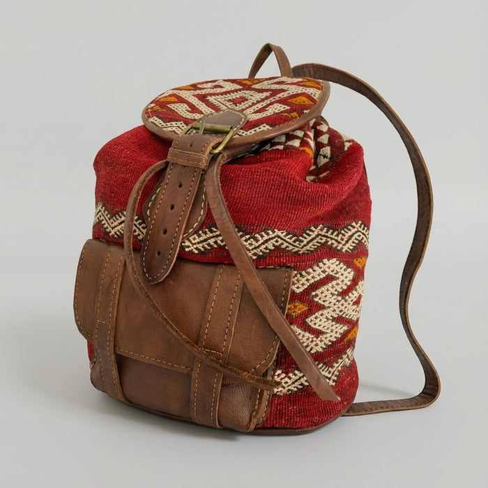 Kilim Leather Backpack, Boho Tribal Rucksack, Vintage Style Bag