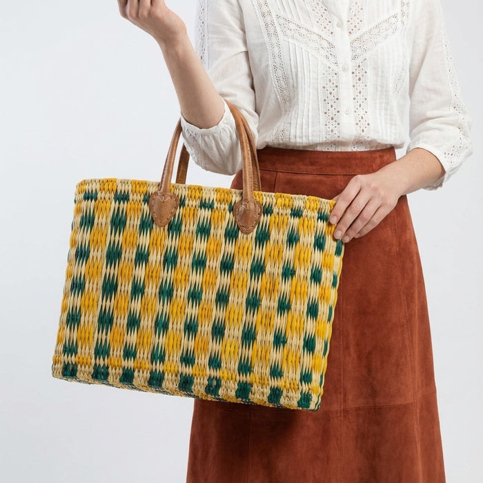 Handmade Reed Market Basket Tote Bag - Orange Green Geometric Pattern