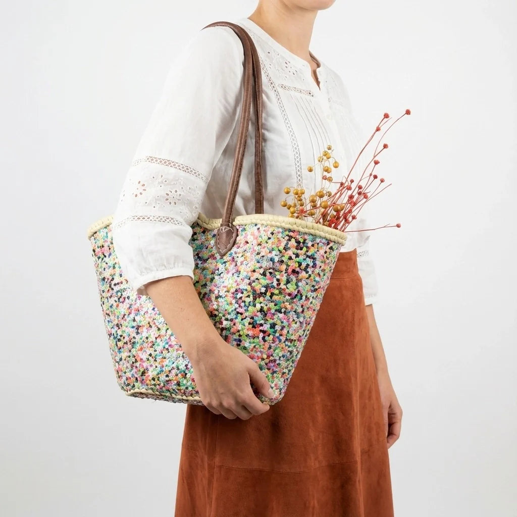 Sequin Straw Tote Bag - Colorful Boho Beach Basket with Leather Handles