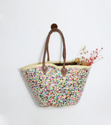 Sequin Straw Tote Bag - Colorful Boho Beach Basket with Leather Handles