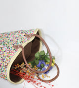 Sequin Straw Tote Bag - Colorful Boho Beach Basket with Leather Handles