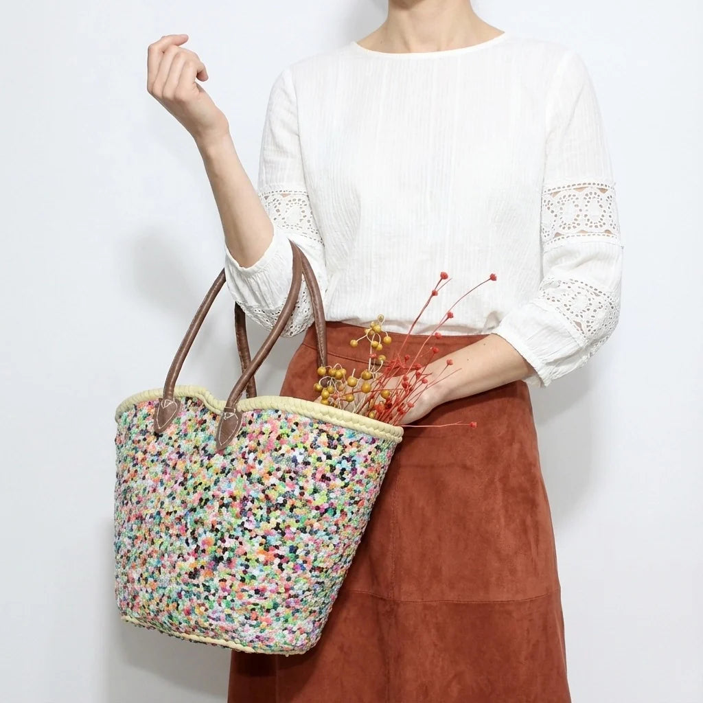 Sequin Straw Tote Bag - Colorful Boho Beach Basket with Leather Handles