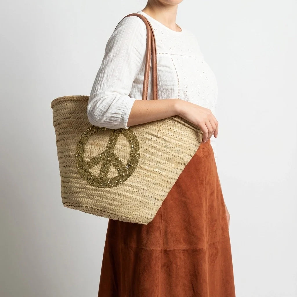 Sequin Peace Sign Straw Tote - Boho Market Basket with Leather Handles
