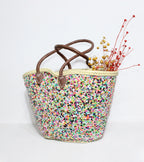 Sequin Straw Tote Bag - Colorful Boho Beach Basket with Leather Handles