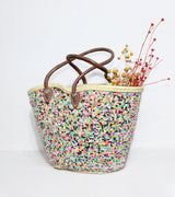 Sequin Straw Tote Bag - Colorful Boho Beach Basket with Leather Handles