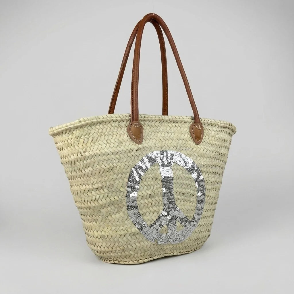 Sequin Peace Sign Straw Tote - Boho Market Basket with Leather Handles