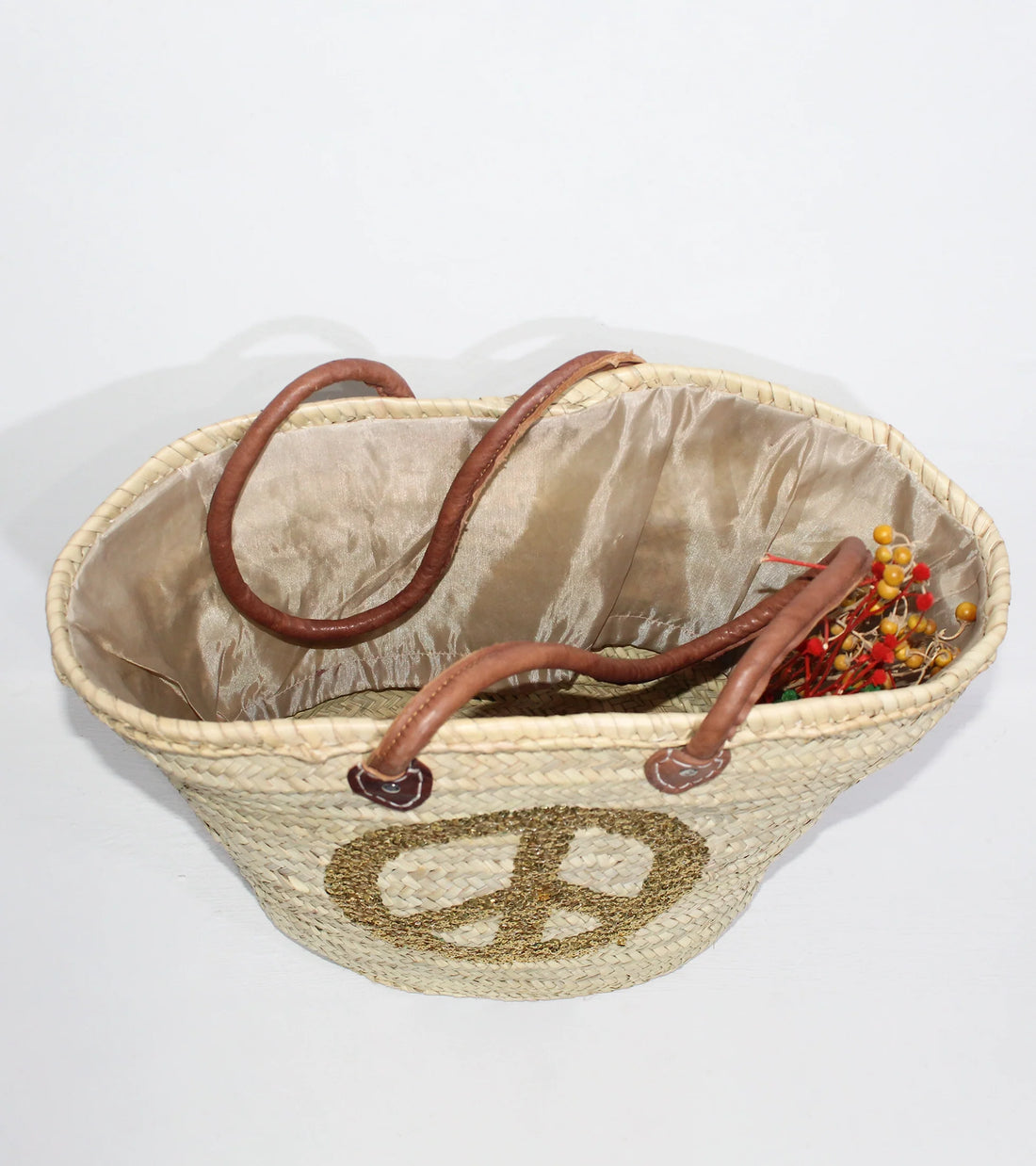 Sequin Peace Sign Straw Tote - Boho Market Basket with Leather Handles