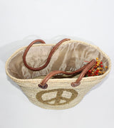 Sequin Peace Sign Straw Tote - Boho Market Basket with Leather Handles