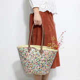 Sequin Straw Tote Bag - Colorful Boho Beach Basket with Leather Handles