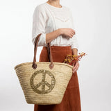 Sequin Peace Sign Straw Tote - Boho Market Basket with Leather Handles