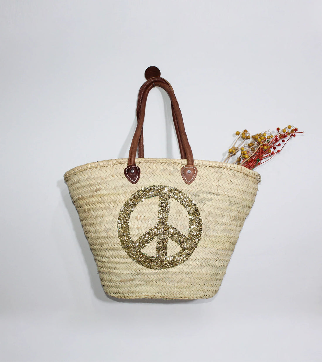 Sequin Peace Sign Straw Tote - Boho Market Basket with Leather Handles