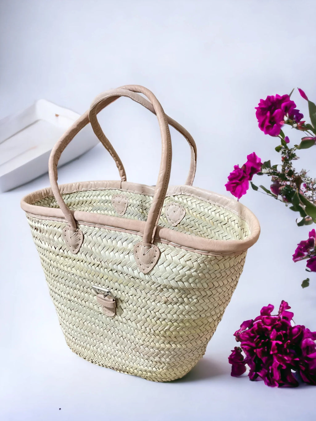 French Market Basket Straw Tote Bag with Leather Handles & Buckle Strap