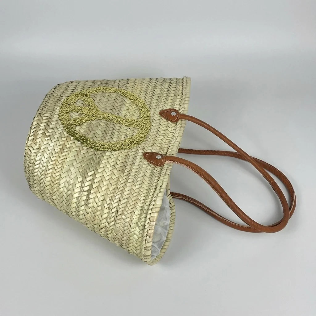 Sequin Peace Sign Straw Tote - Boho Market Basket with Leather Handles