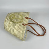 Sequin Peace Sign Straw Tote - Boho Market Basket with Leather Handles