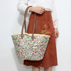 Sequin Straw Tote Bag - Colorful Boho Beach Basket with Leather Handles