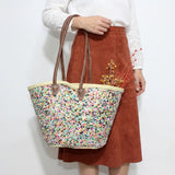 Sequin Straw Tote Bag - Colorful Boho Beach Basket with Leather Handles