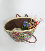 Sequin Straw Tote Bag - Colorful Boho Beach Basket with Leather Handles