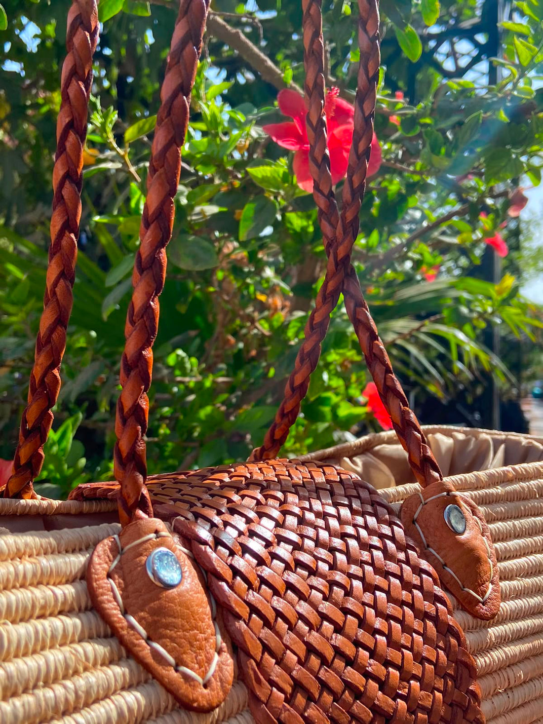 Handwoven Raffia Tote Bag with Braided Leather Handles