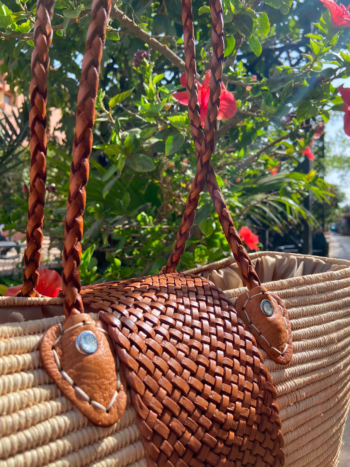 Handwoven Raffia Tote Bag with Braided Leather Handles