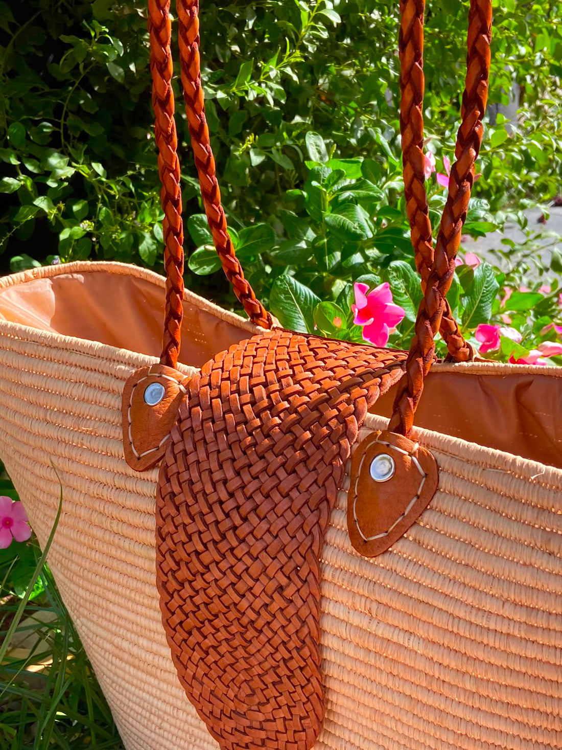 Handwoven Raffia Tote Bag with Braided Leather Handles