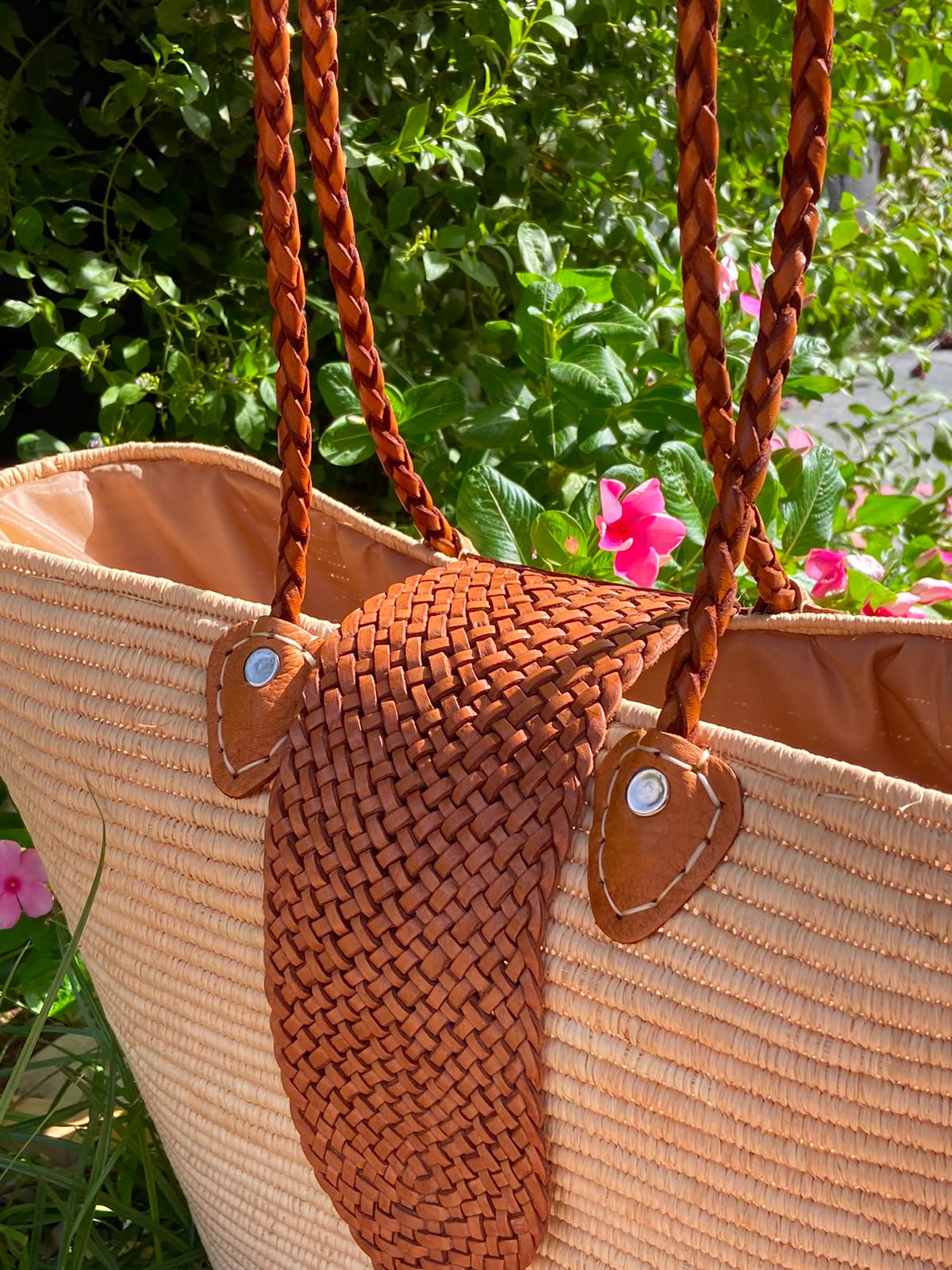 Handwoven Raffia Tote Bag with Braided Leather Handles