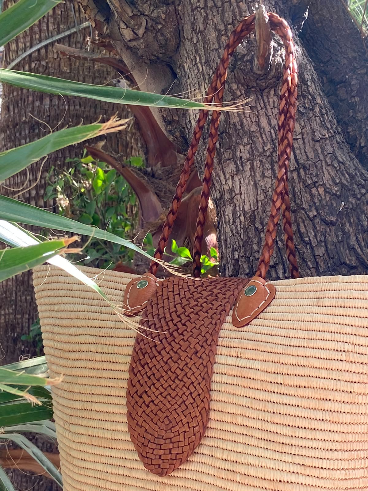 Handwoven Raffia Tote Bag with Braided Leather Handles