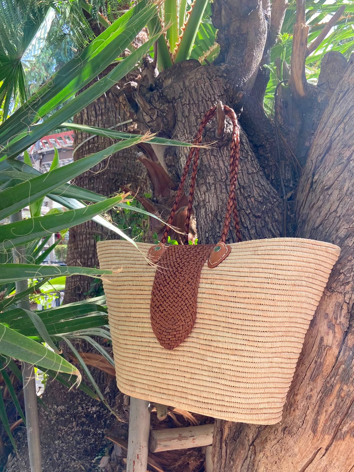 Handwoven Raffia Tote Bag with Braided Leather Handles