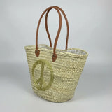 Sequin Peace Sign Straw Tote - Boho Market Basket with Leather Handles