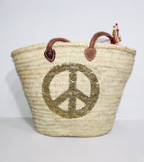 Sequin Peace Sign Straw Tote - Boho Market Basket with Leather Handles
