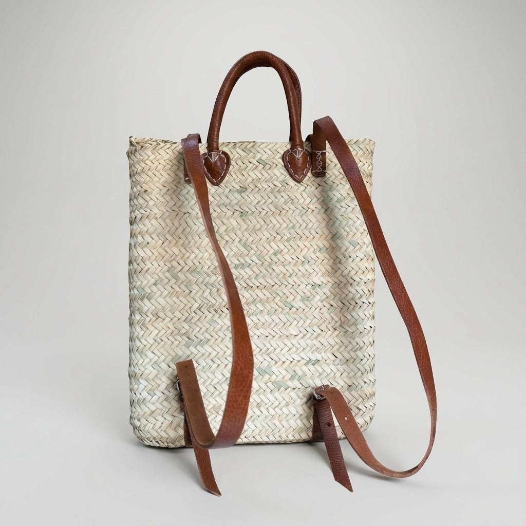 Woven Straw Backpack with Leather Straps - Handmade Market Tote