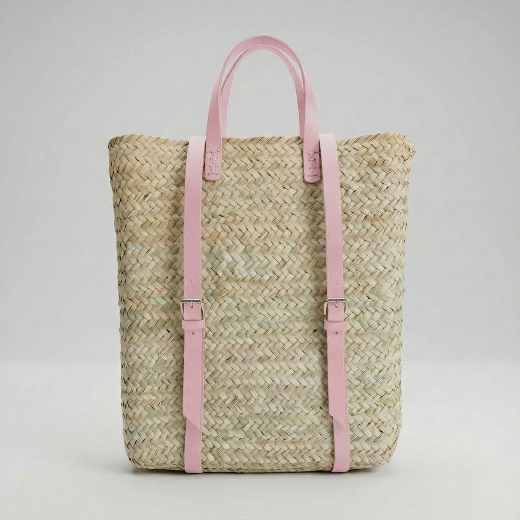 Handmade Straw Backpack with Leather Straps Woven Market Bag