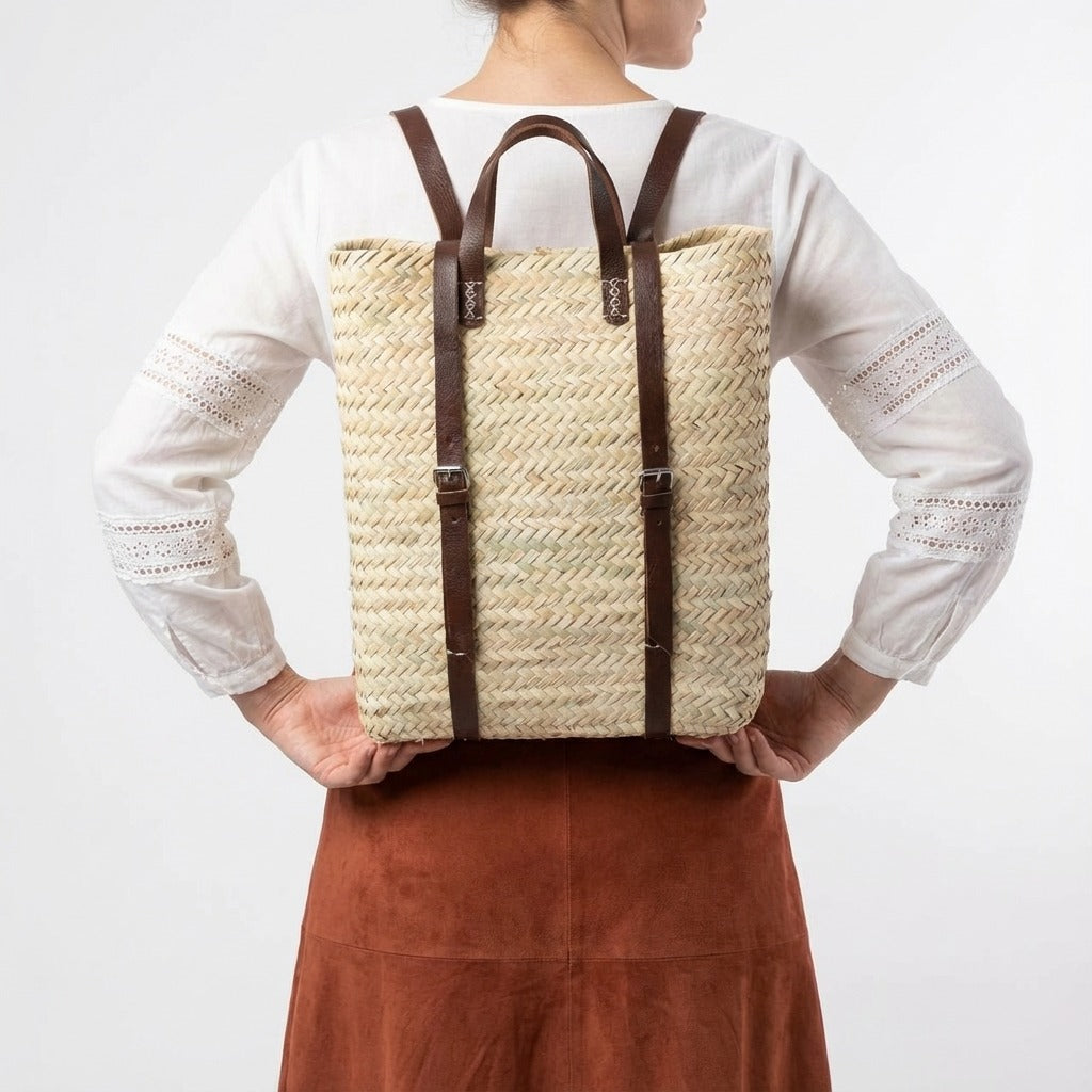 Handmade Straw Backpack with Leather Straps Woven Market Bag