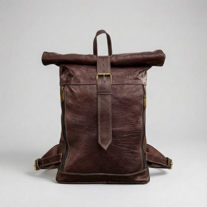 Leather Roll Top Backpack Vintage Travel Rucksack Laptop Bag