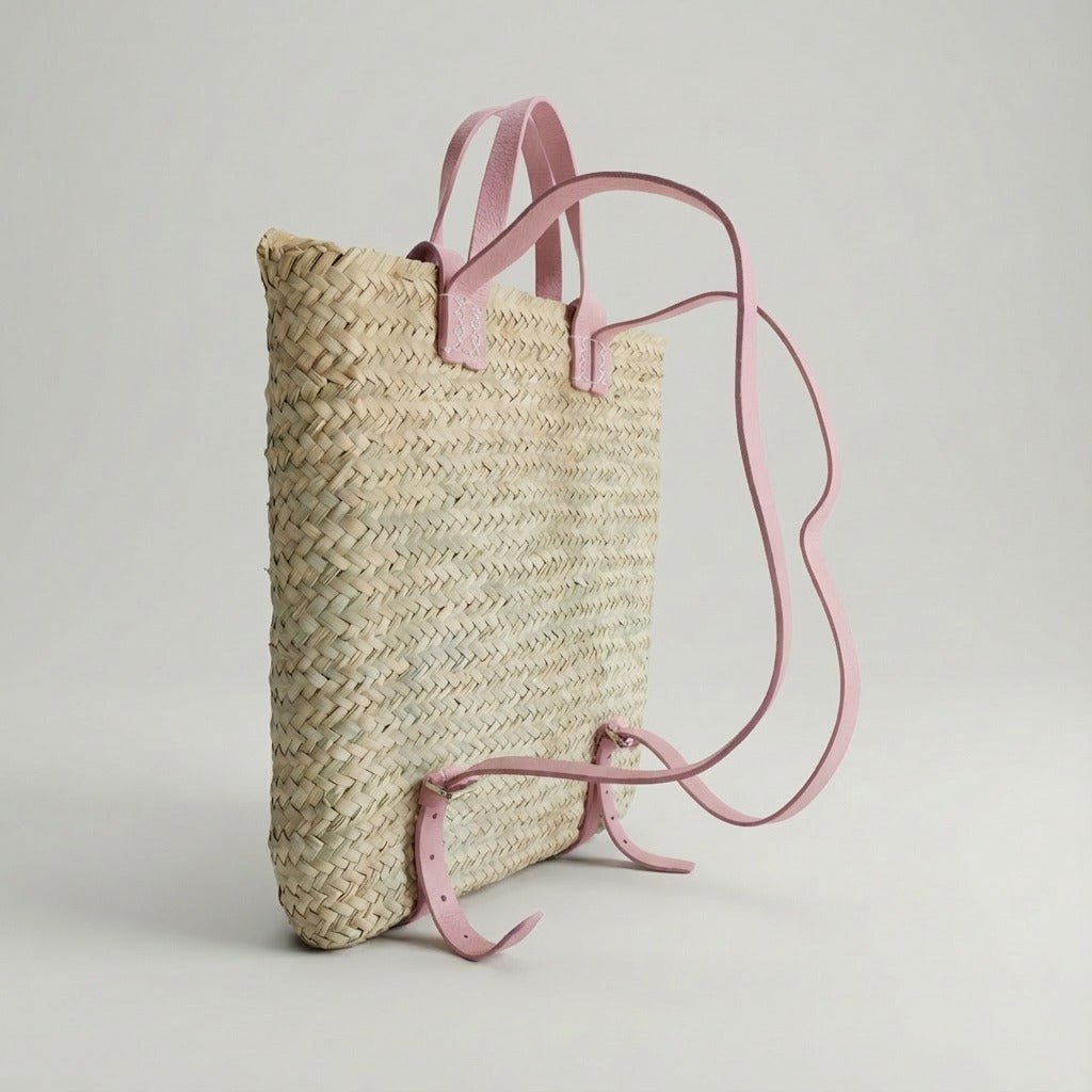 Handmade Straw Backpack with Leather Straps Woven Market Bag