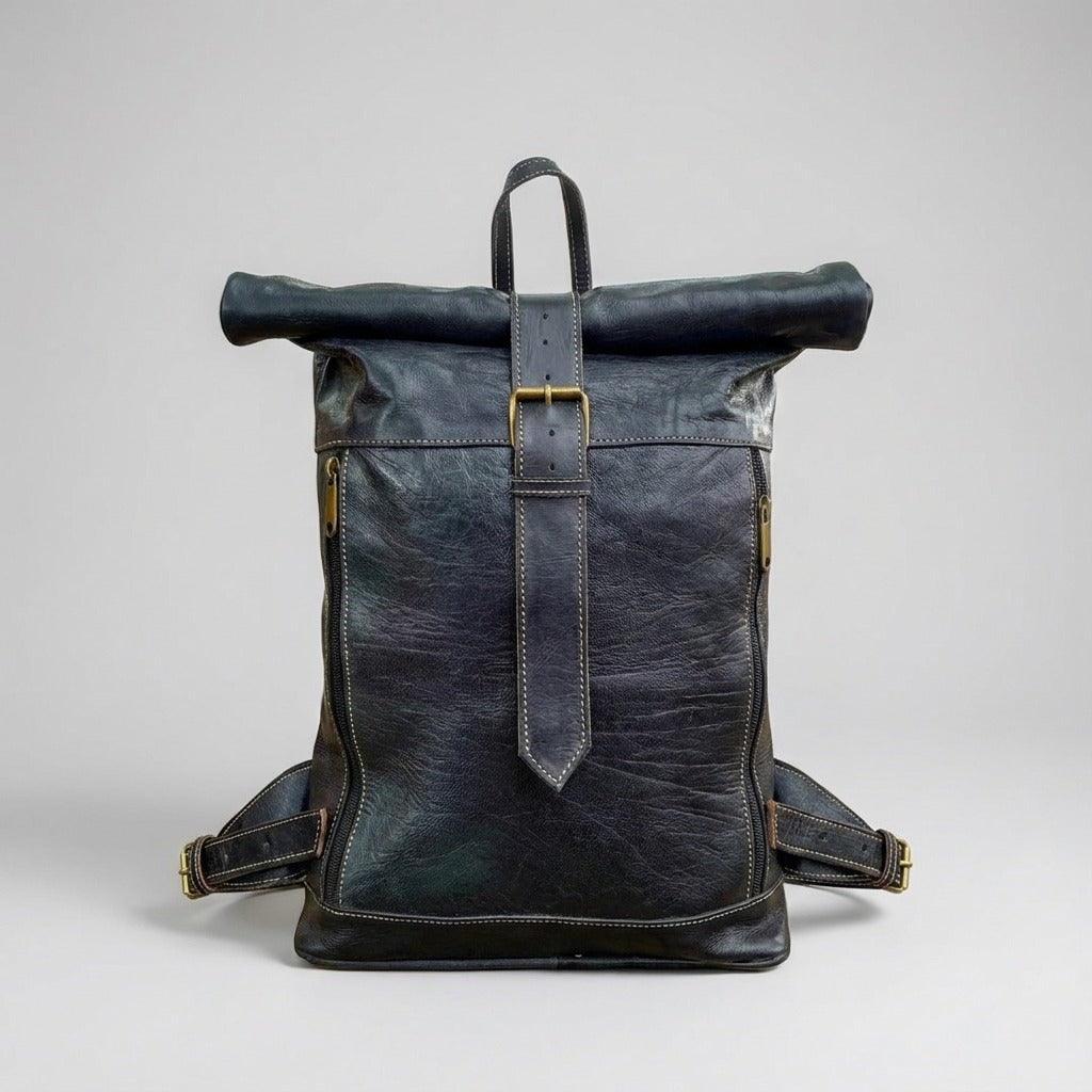 Leather Roll Top Backpack Vintage Travel Rucksack Laptop Bag
