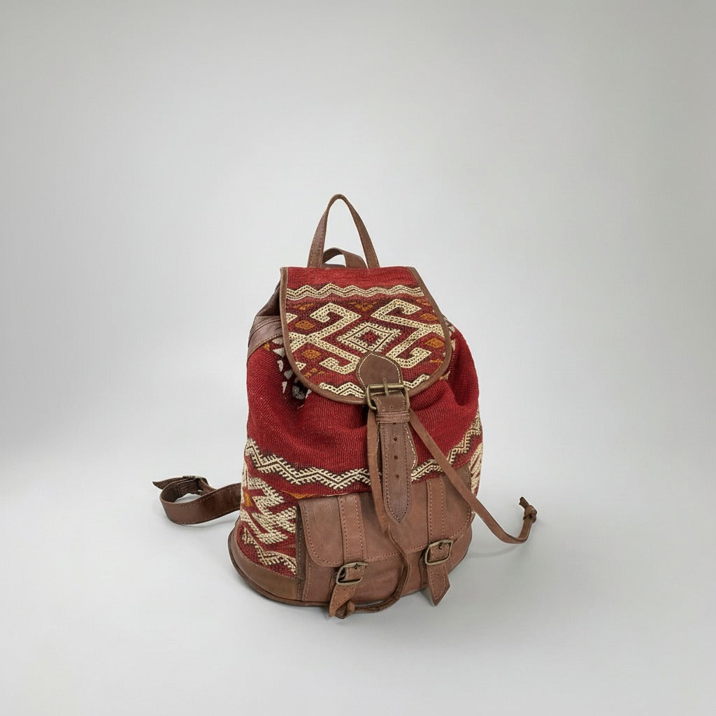 Kilim Leather Backpack, Boho Tribal Rucksack, Vintage Style Bag