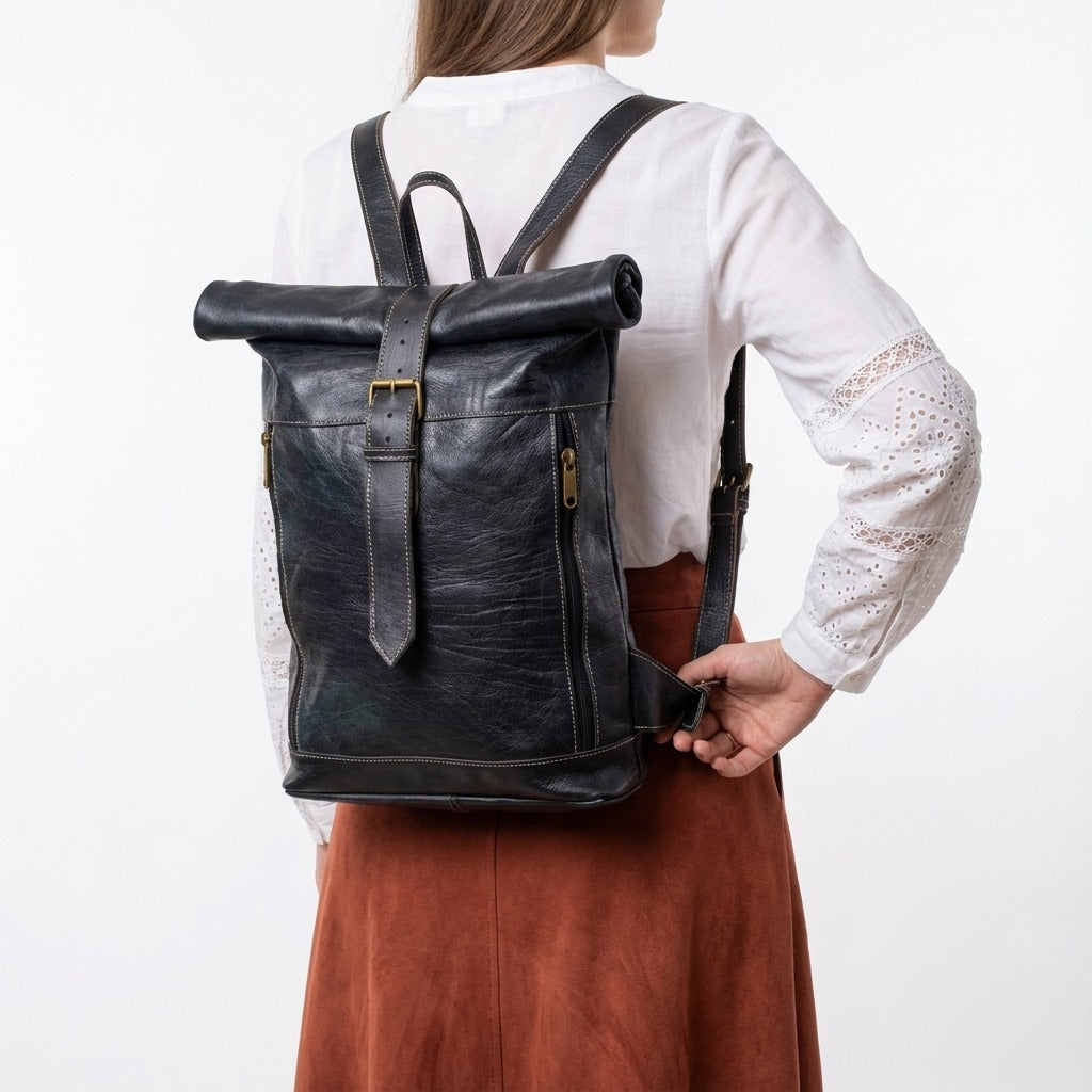 Leather Roll Top Backpack Vintage Travel Rucksack Laptop Bag
