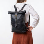 Leather Roll Top Backpack Vintage Travel Rucksack Laptop Bag