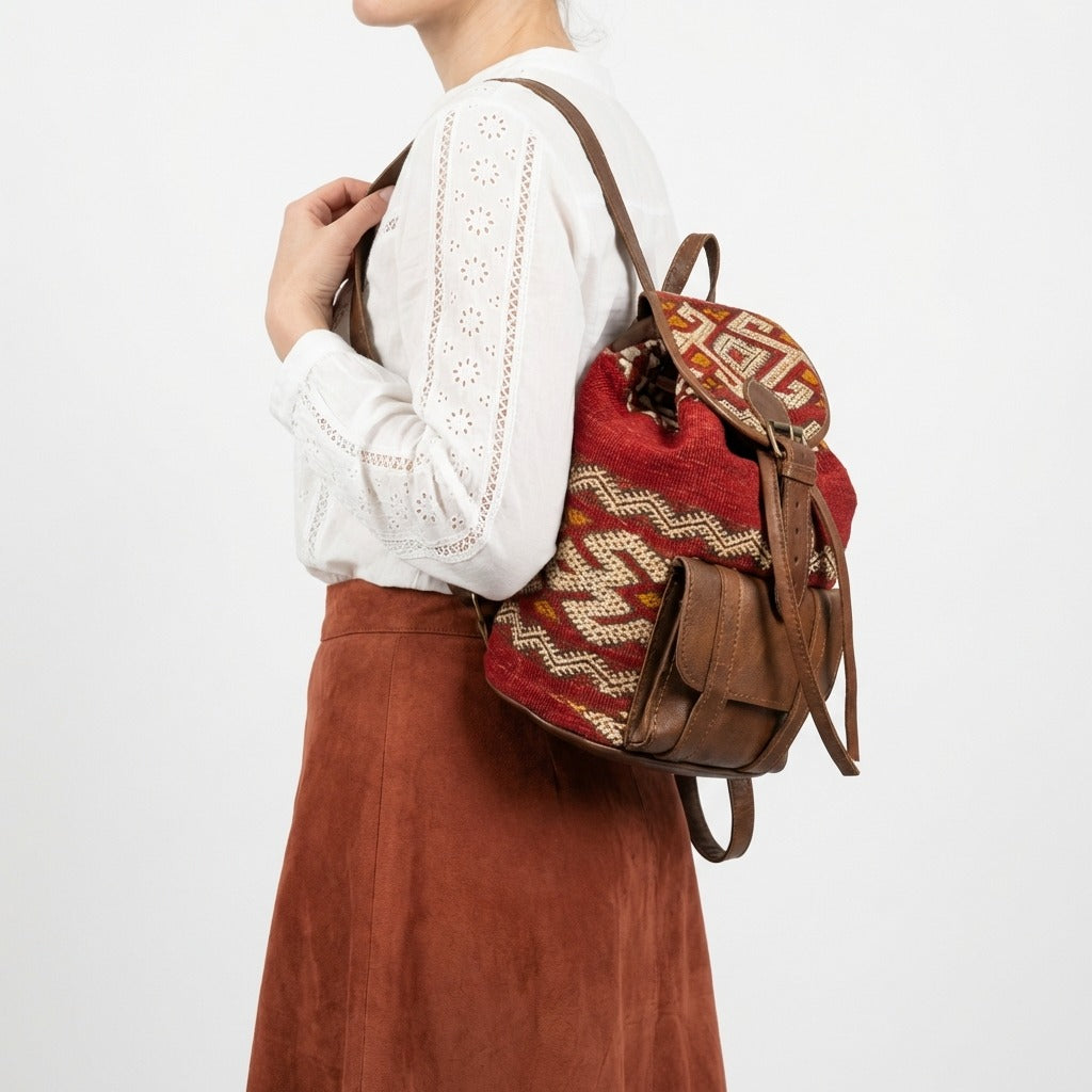 Kilim Leather Backpack, Boho Tribal Rucksack, Vintage Style Bag