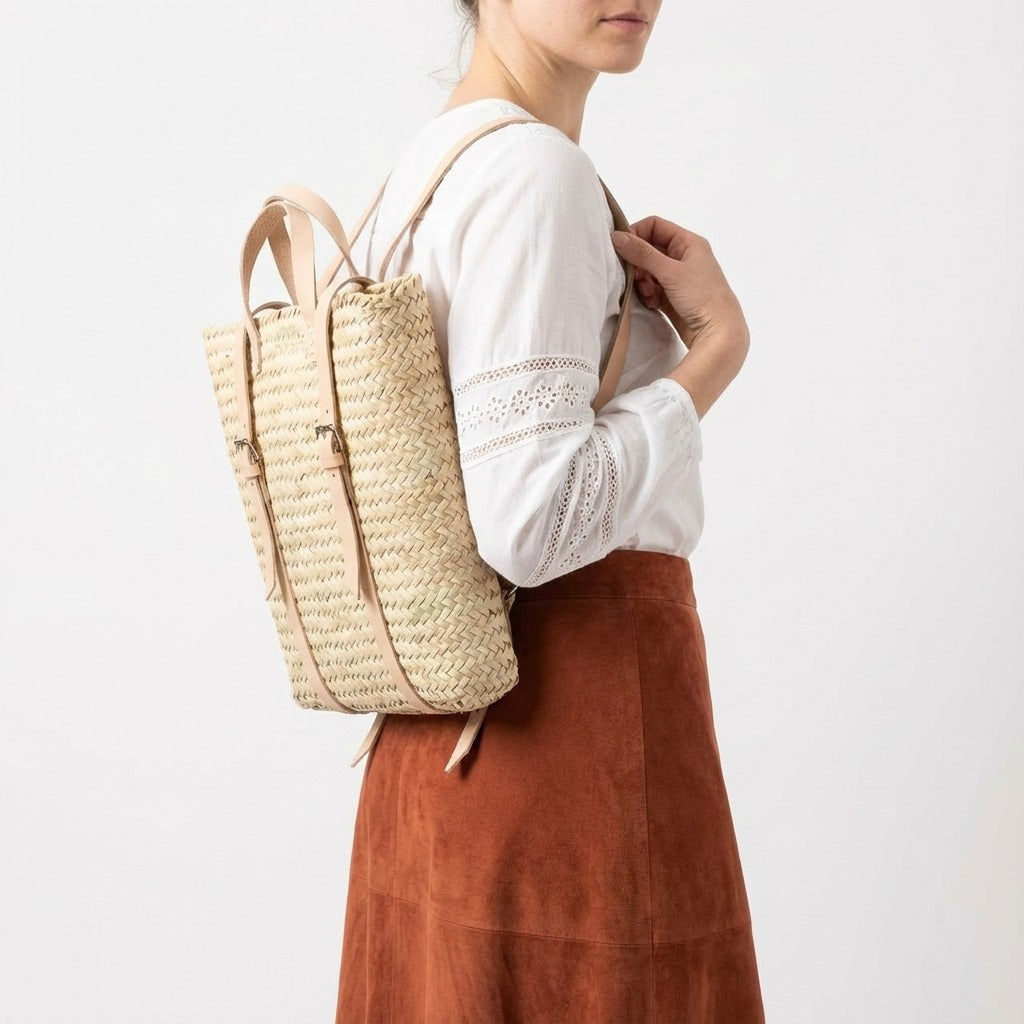 Handmade Straw Backpack with Leather Straps Woven Market Bag