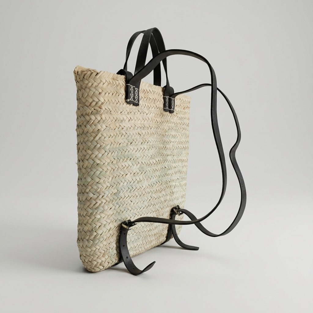 Handmade Straw Backpack with Leather Straps Woven Market Bag