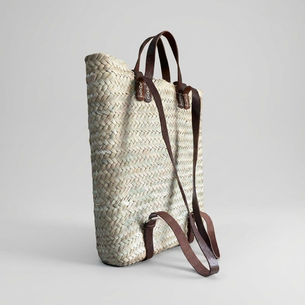 Handmade Straw Backpack with Leather Straps Woven Market Bag