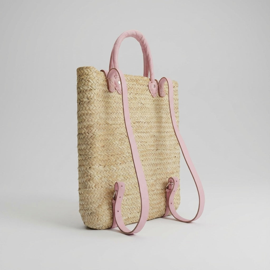Woven Straw Backpack with Leather Straps - Handmade Market Tote