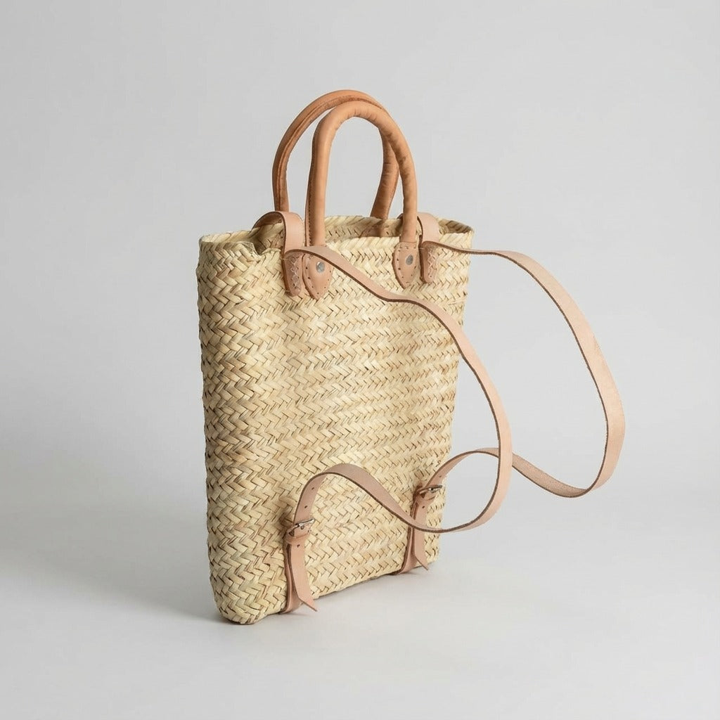 Woven Straw Backpack with Leather Straps - Handmade Market Tote