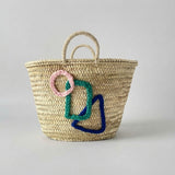 Woven Straw Beach Tote Bag with Geometric Embroidery