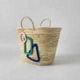 Woven Straw Beach Tote Bag with Geometric Embroidery