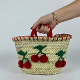 Woven Straw Cherry Basket Tote Bag with Red Pom Pom Details
