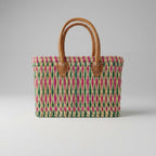 Handmade Reed Market Basket Tote with Leather Handles