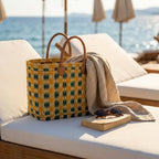 Handmade Reed Market Basket Tote Bag - Orange Green Geometric Pattern