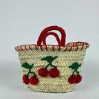 Woven Straw Cherry Basket Tote Bag with Red Pom Pom Details